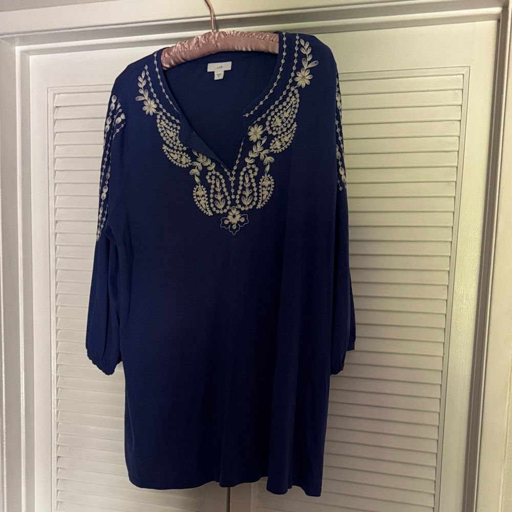 J. Jill Deep Blue Tunic with White Embroidery
